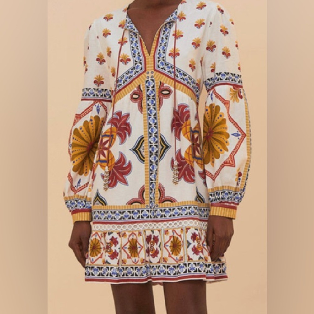Farm Rio Off-White Bright Multi Tile Print Lightweight Long Sleeve Mini Dress: M - Picture 5 of 13